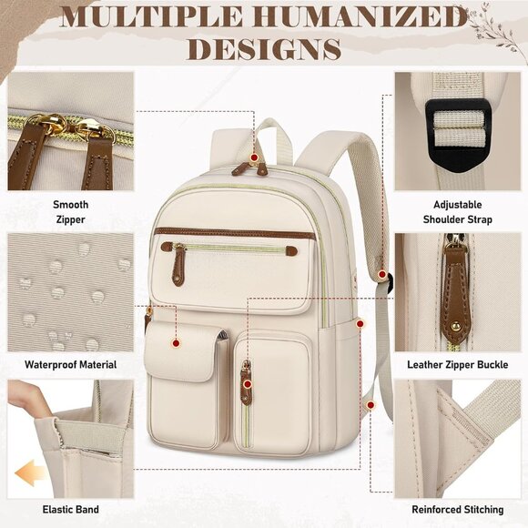 Women's Beige 15.6in Waterproof Work Travel Backpacks With Usb Charger Port - Picture 4 of 6